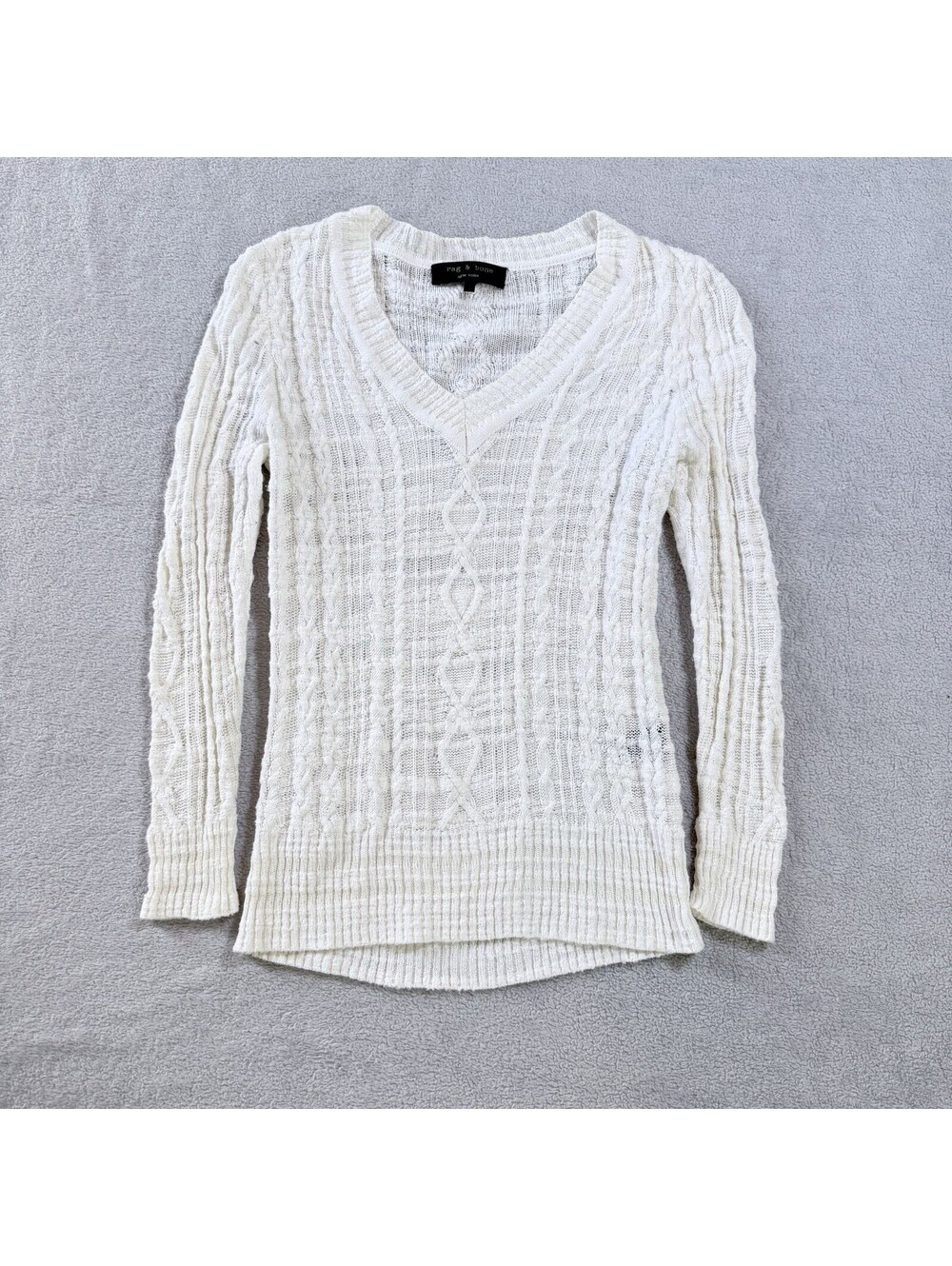 Rag & Bone Sweater Womens XSmall White Open Knit Cotton V Neck Mesh Pullover